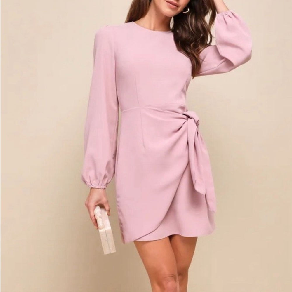 Lulu’s Believe It or Knot Rose Pink Long Sleeve Tie-Front Skater Dress